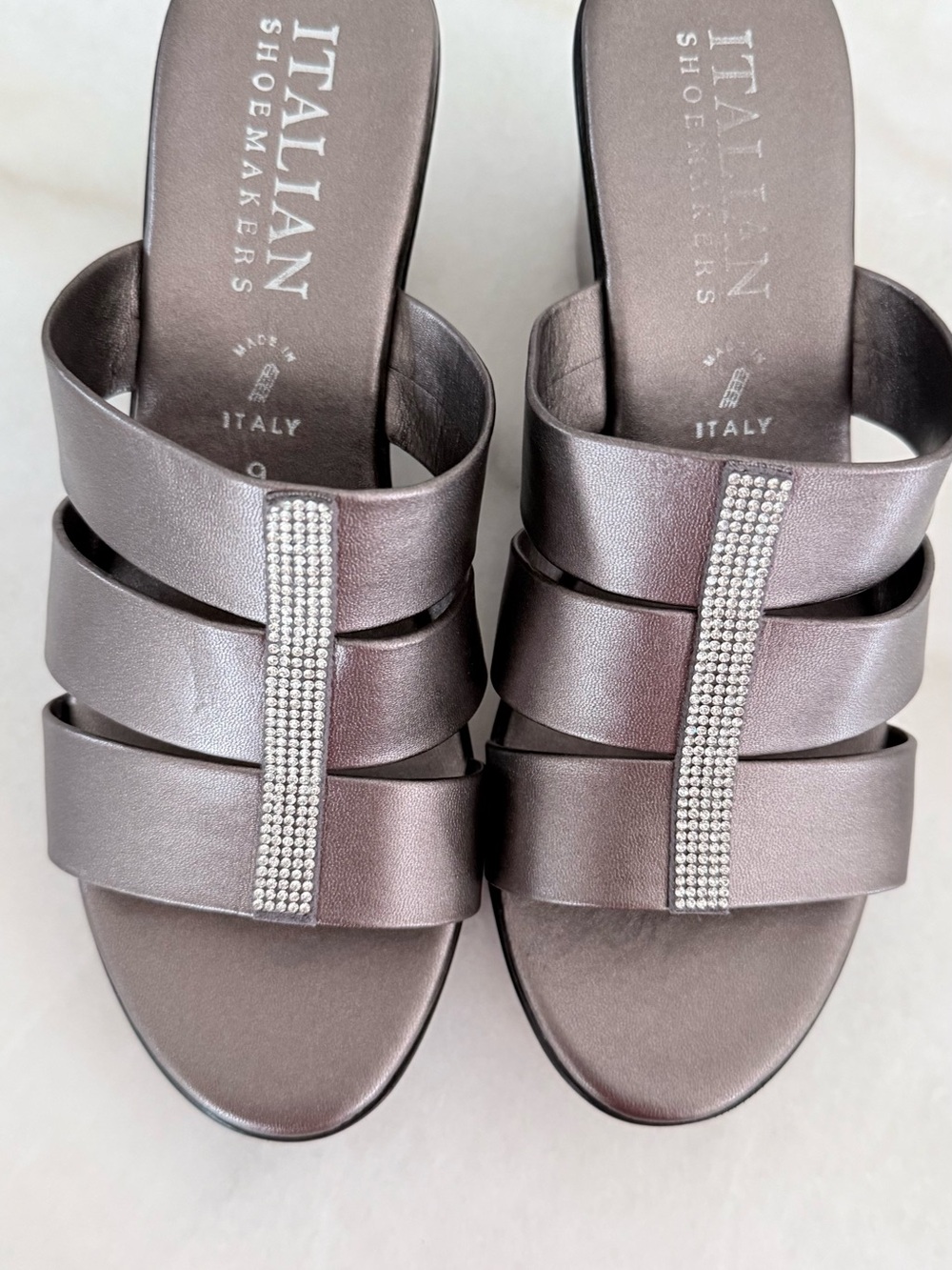 Italian Shoemakers Metallic Pewter Slide Sandals with Rhinestone Trim